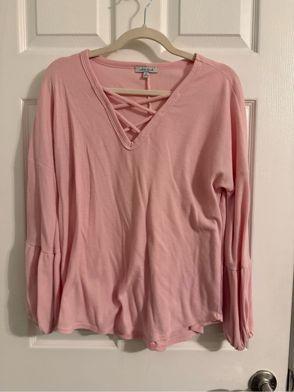 white birch Light Pink Ribbed Long-Sleeve V-Neck Top with Crisscross